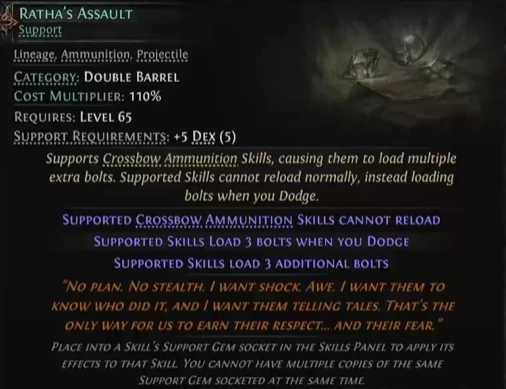 PoE2 Third Edict Ratha's Assault Support Gem example. One of many new Lineage Support Gems added to the game with Patch 0.3.0