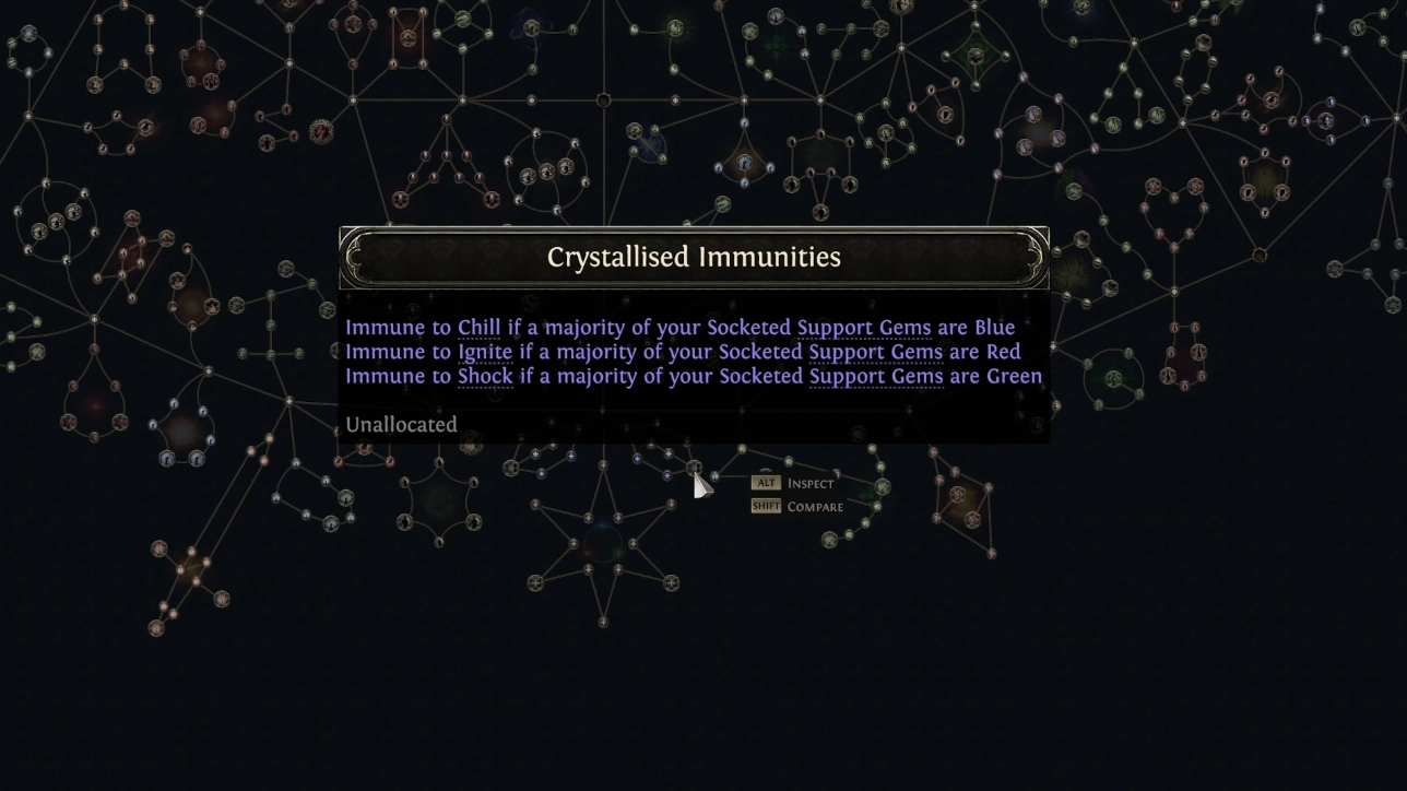 The new passive tree in PoE2 the Third Edict has many additional nodes and passive clusters. One example is the "Crystallised Immunities" node, which grants immunity to various elements and effects, if a majority of your socketed Support Gems are a specific color.